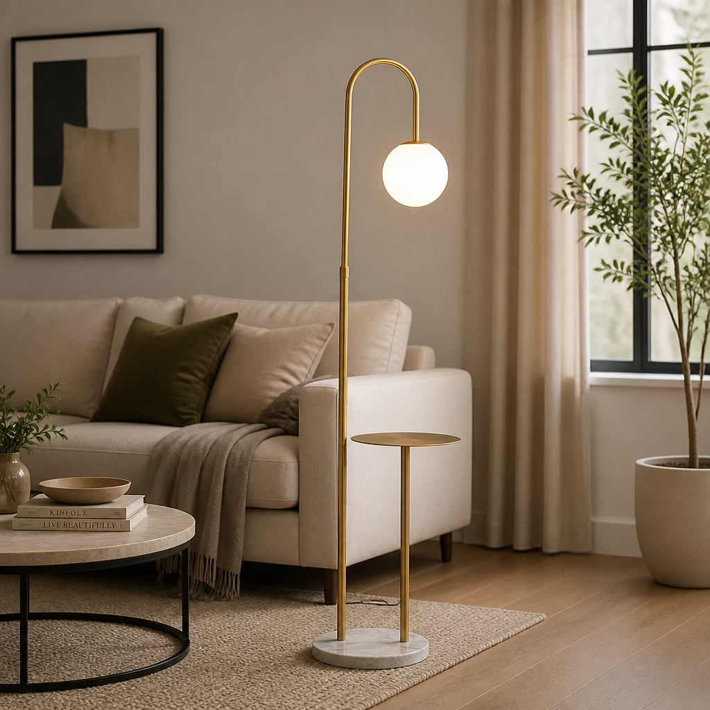 Gold Nordic floor lamp with metal white tray, marble-look base, globe shade