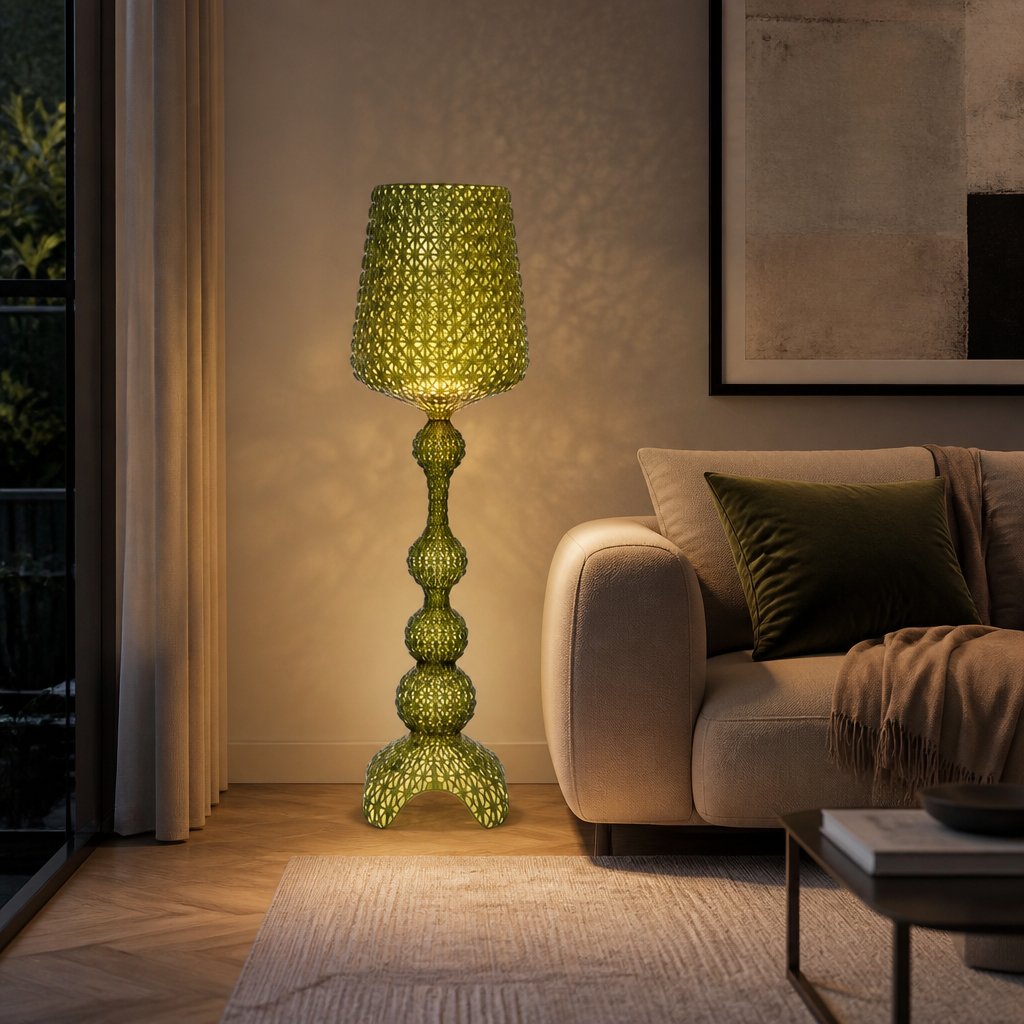 Green acrylic floor lamp with patterned shade and decorative standing base, 166cm height