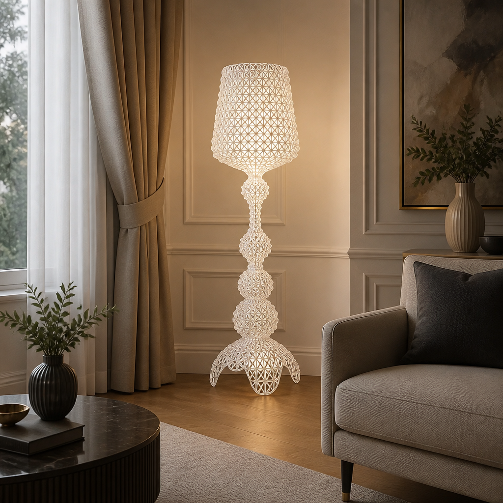 White acrylic floor lamp with openwork shade and decorative standing base, 166cm height
