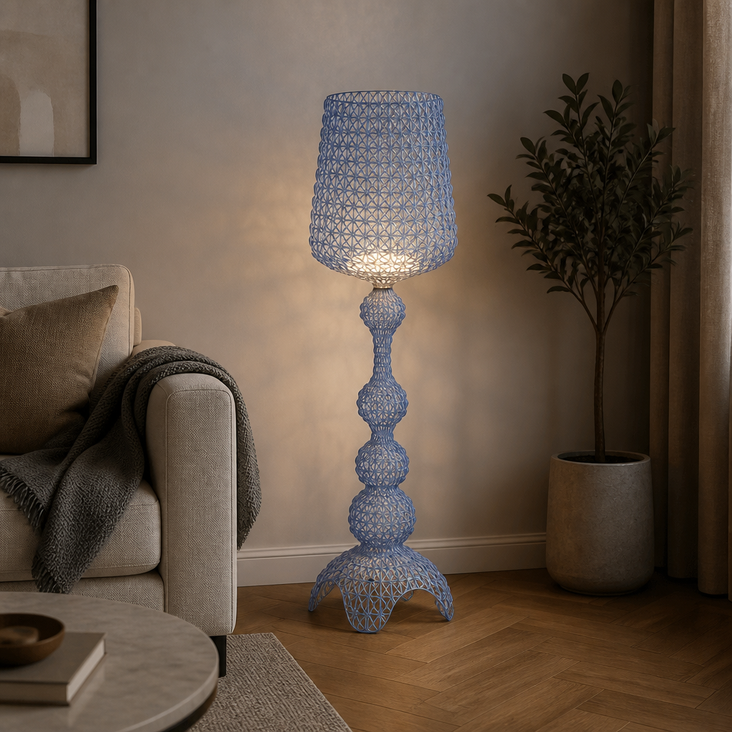 Light blue acrylic floor lamp with patterned shade and tall standing base, 166cm height