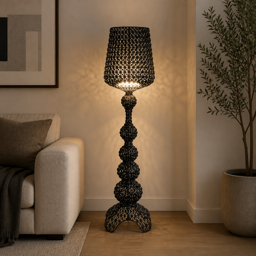 Black acrylic floor lamp with patterned shade and tall sculptural base, 166cm height