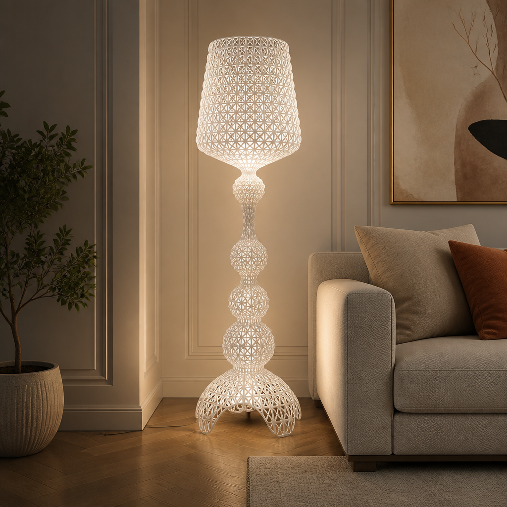 Transparent acrylic floor lamp with openwork shade and sculptural base, 166cm height