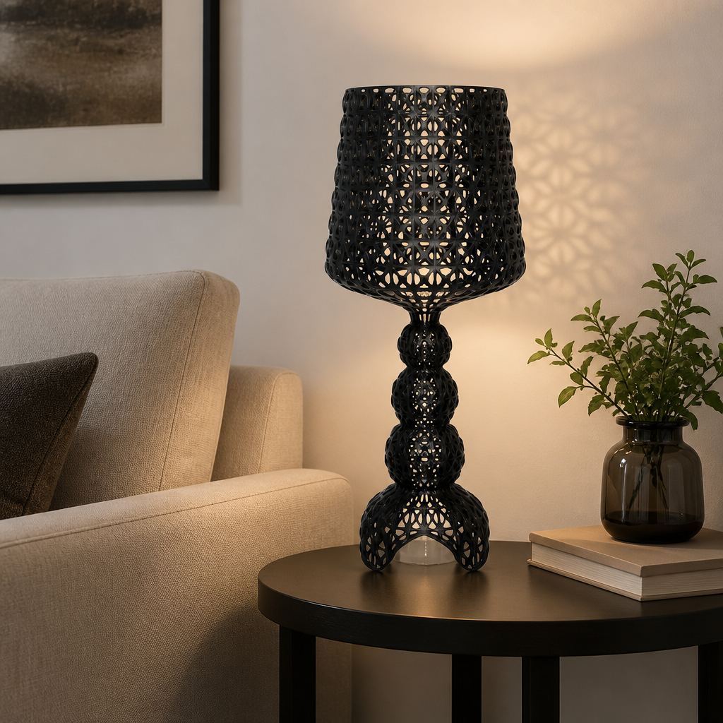 Black acrylic table lamp with openwork shade and decorative acrylic body, 70cm height