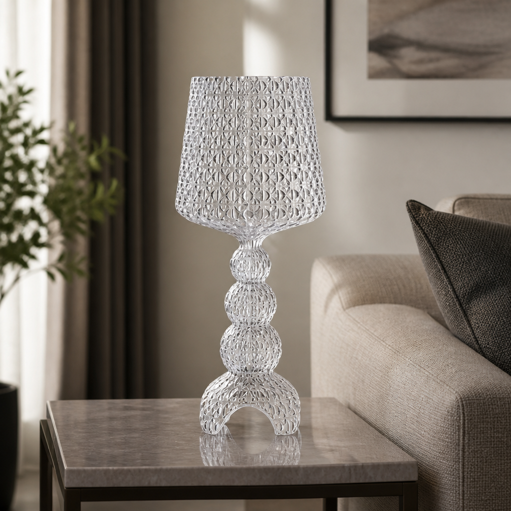 Transparent acrylic table lamp with patterned shade and curved base, 70cm height