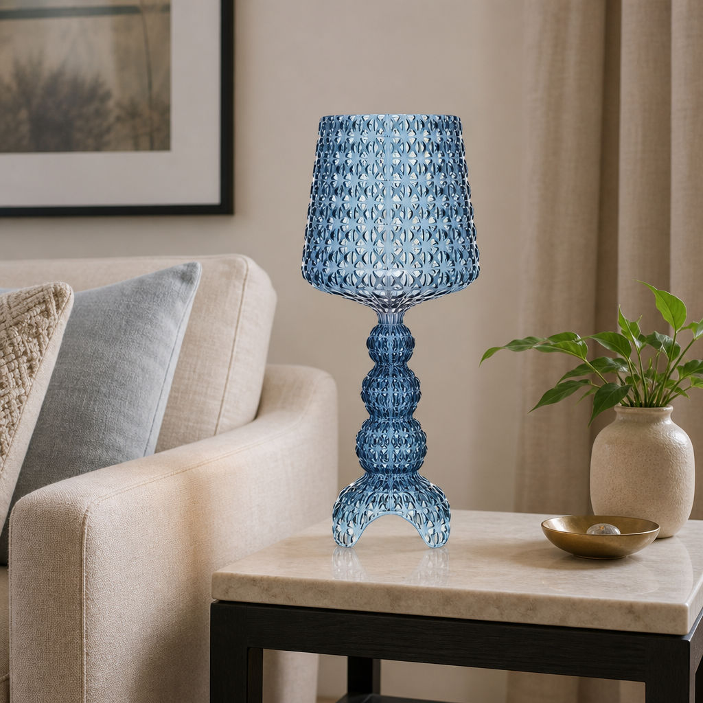 Light blue acrylic table lamp with openwork shade and LED light source, 70cm height