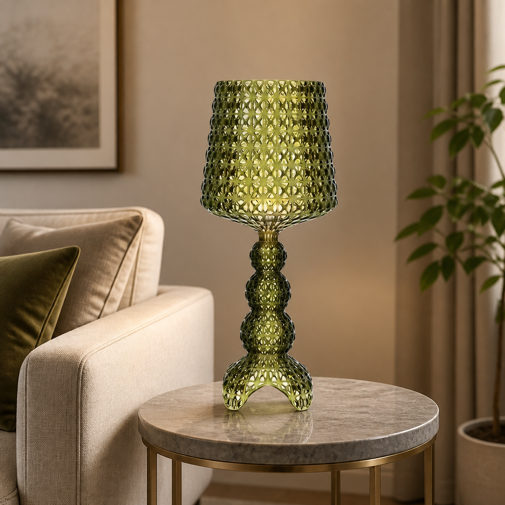 Green acrylic table lamp with patterned shade and decorative stacked base, 70cm height