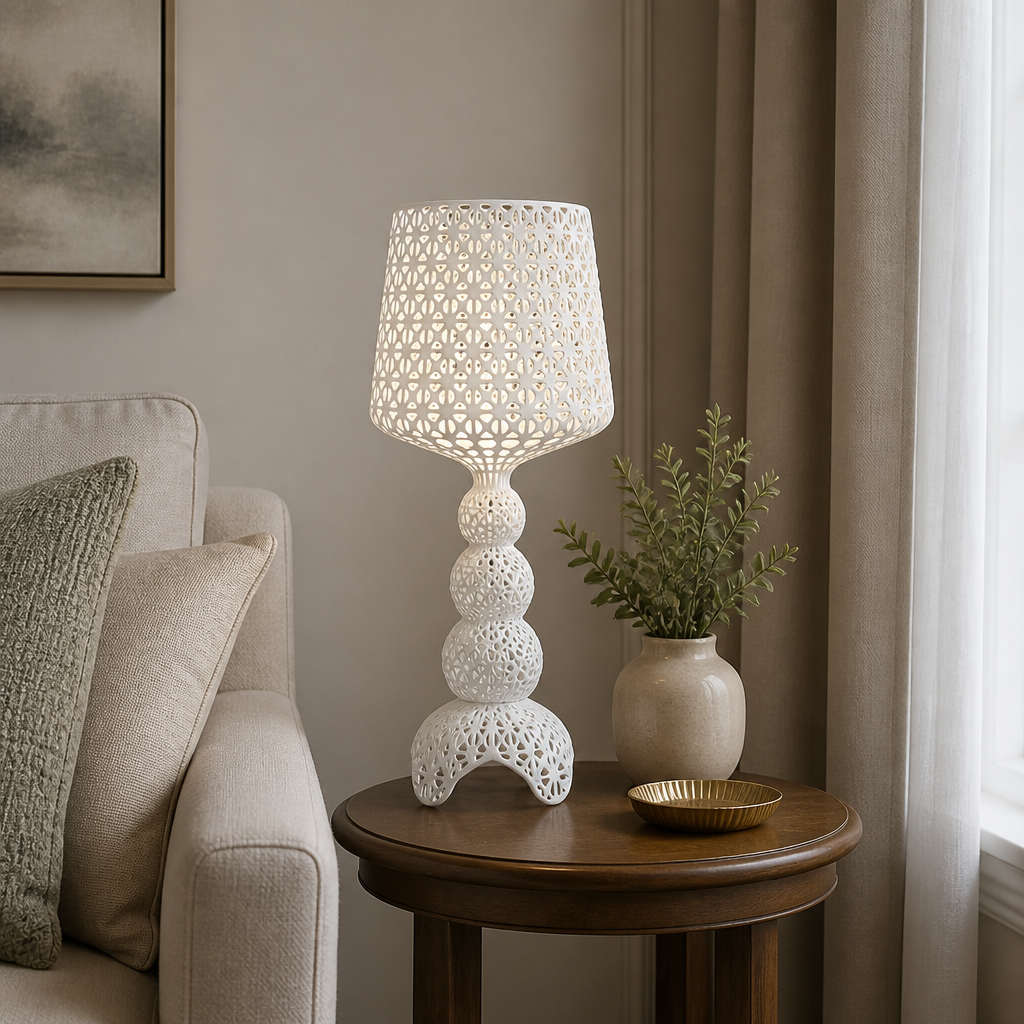 White acrylic table lamp with openwork shade and sculptural base, 70cm height
