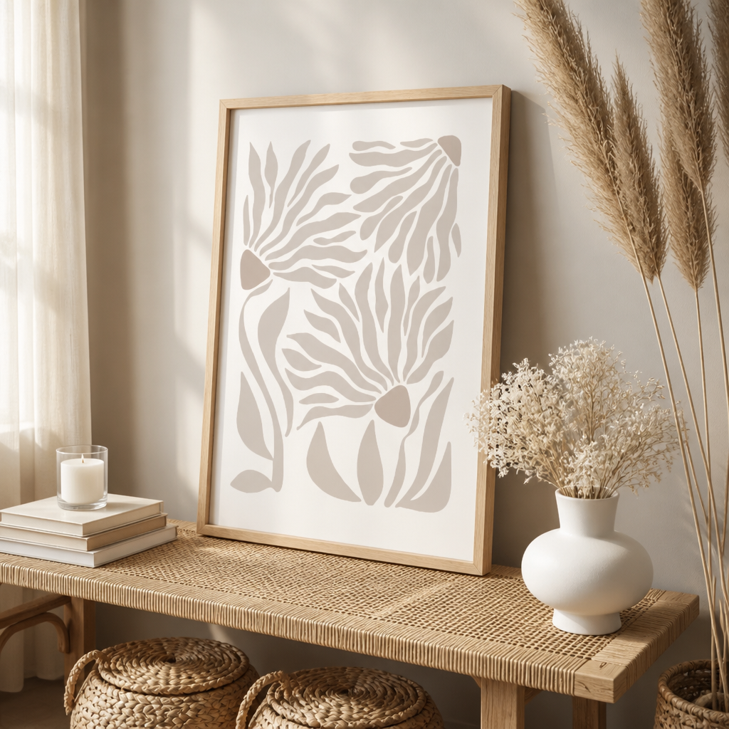 Neutral abstract botanical leaf cotton canvas print styled beside a white vase and pampas grass