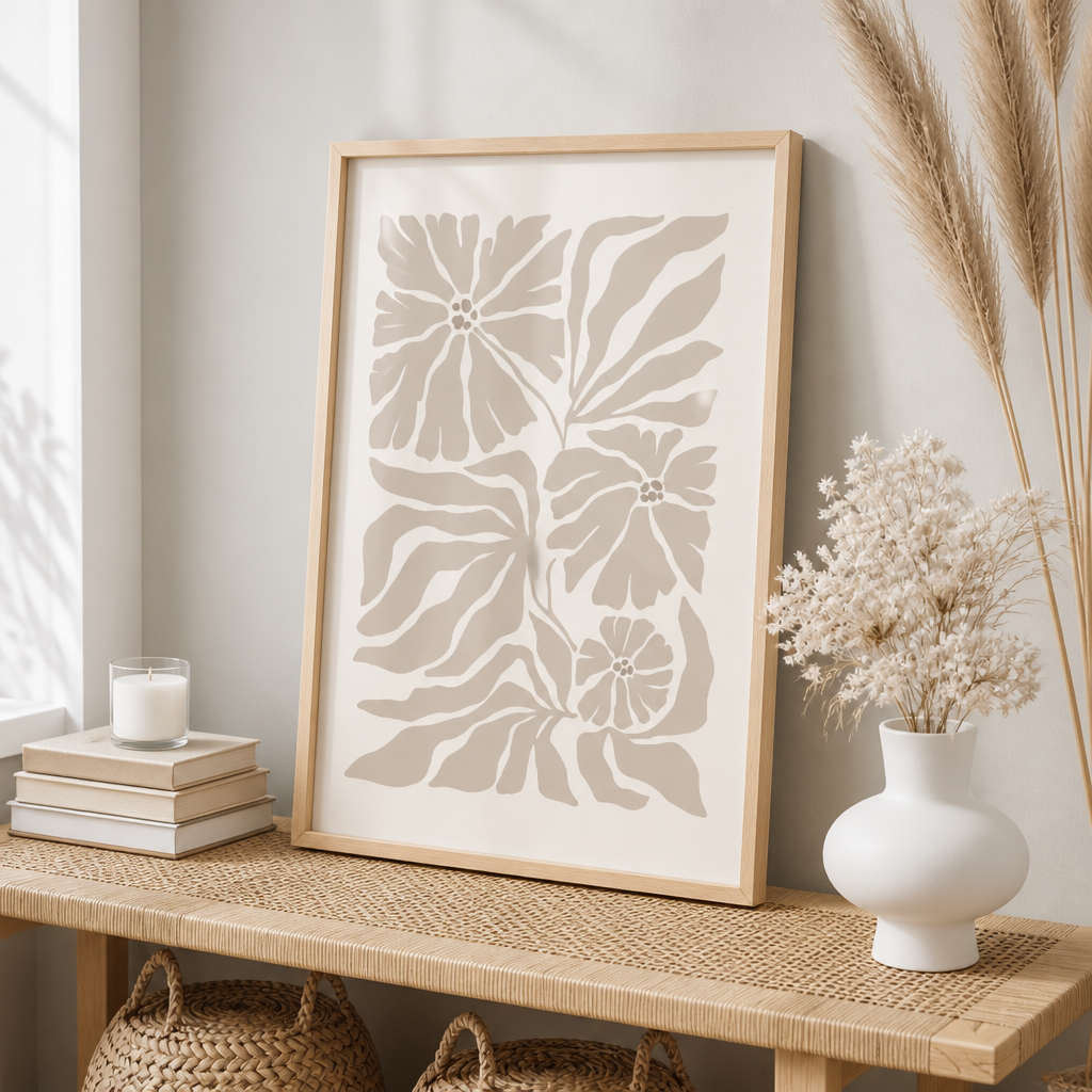Neutral abstract floral cotton canvas print styled on a woven bench with a candle and dried flowers