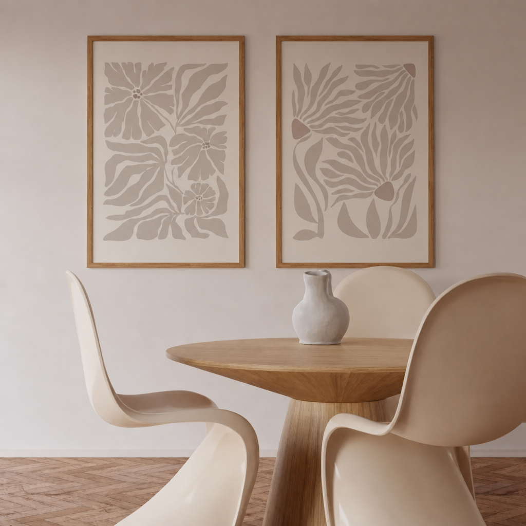 Two neutral abstract botanical canvas prints are together in a calm, minimalist room setting