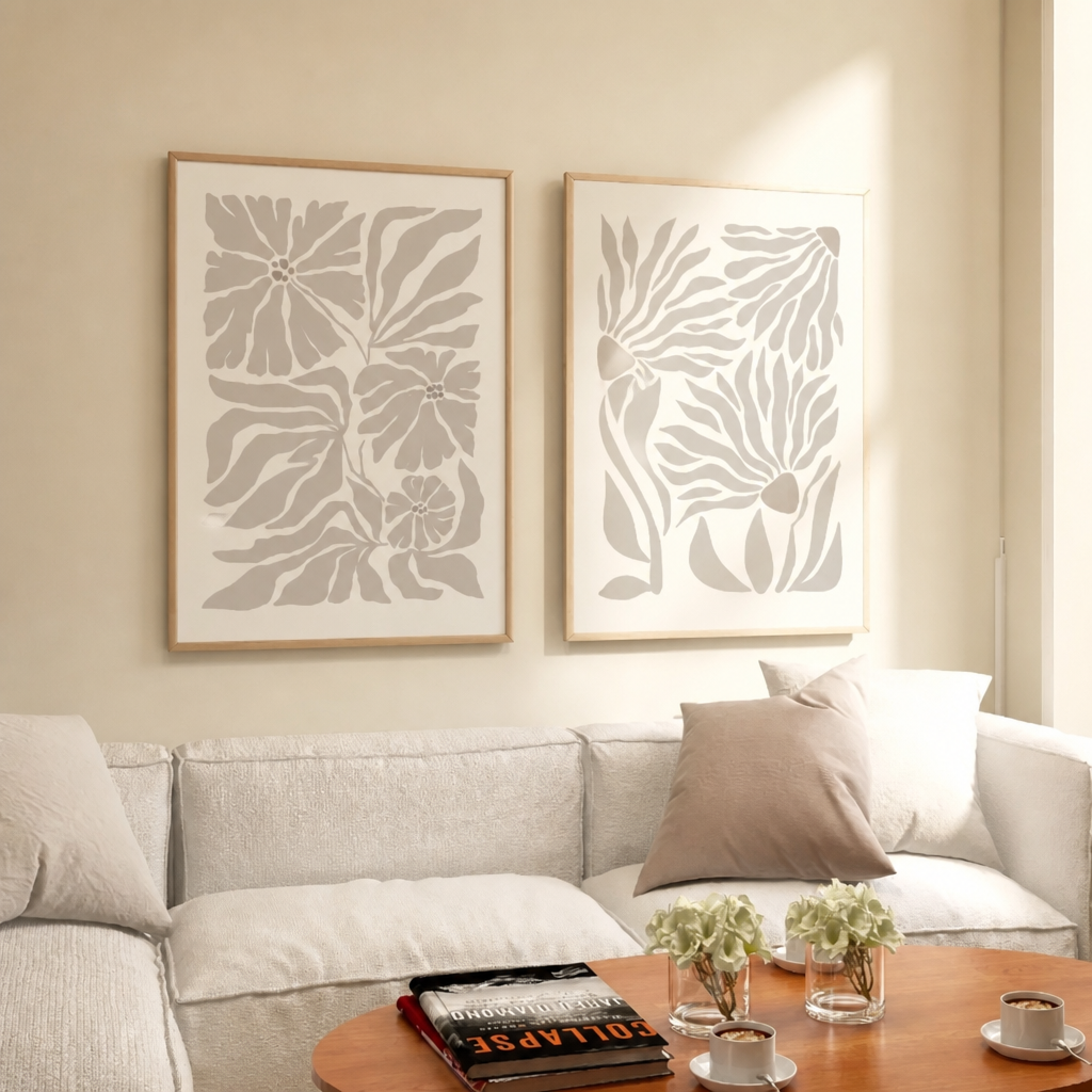 Two neutral abstract botanical canvas prints are together in a calm, minimalist room setting