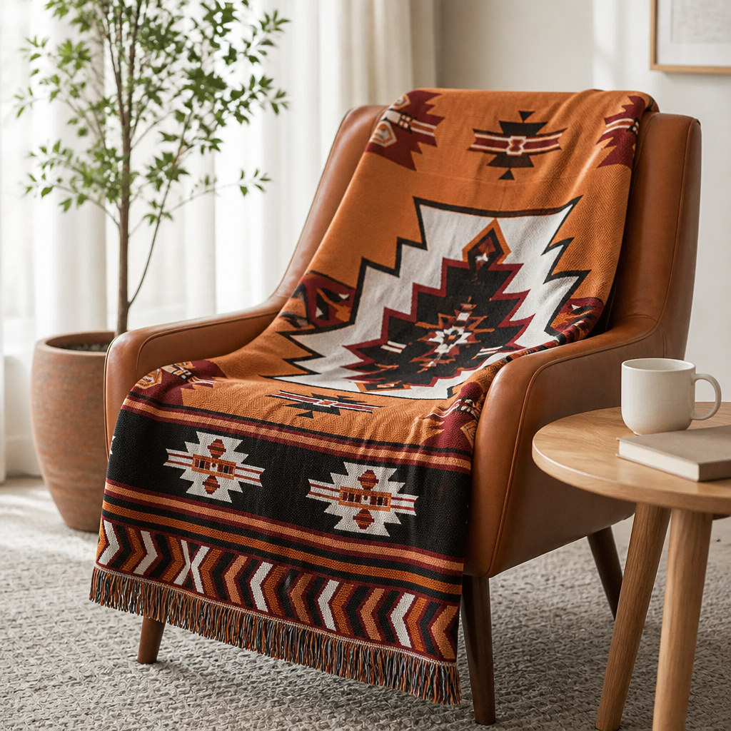 Brown tribal pattern throw blanket styled on a lounge chair