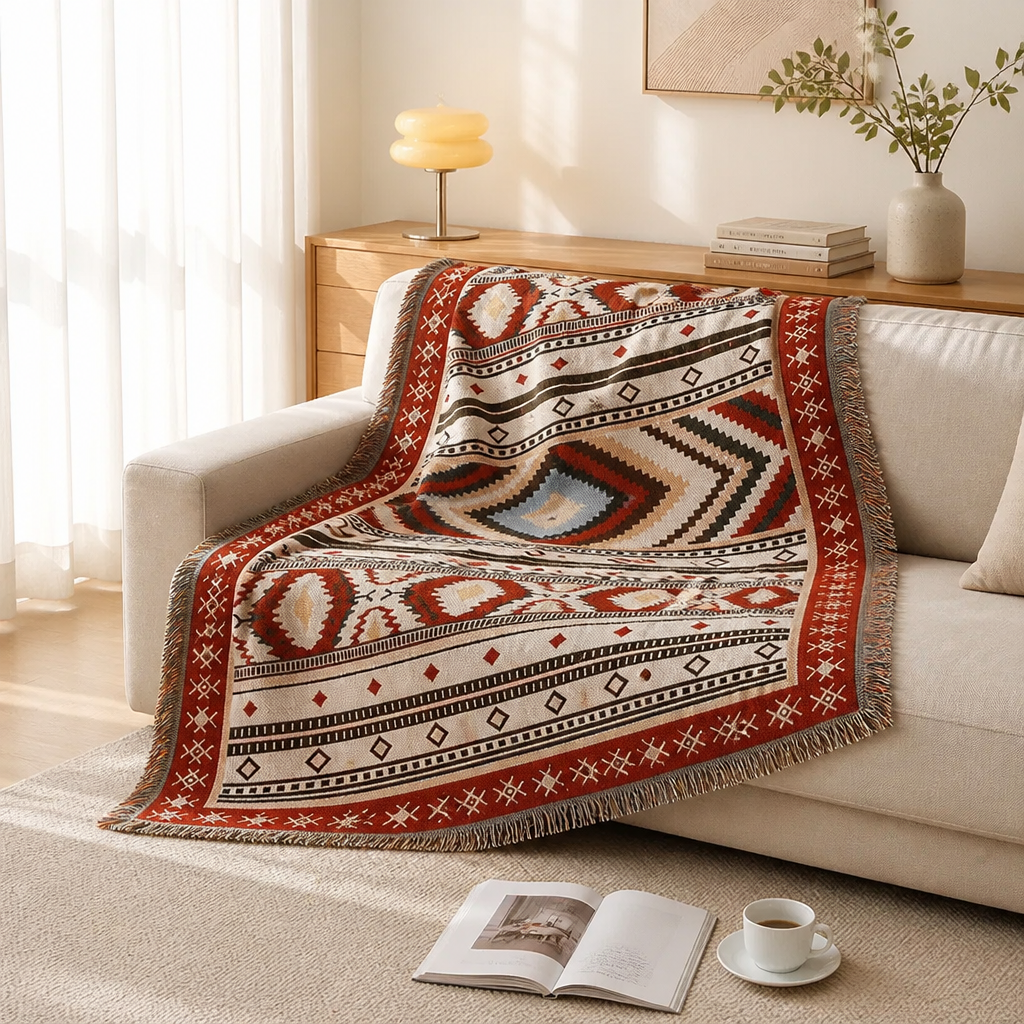 Red Bohemian jacquard-style throw blanket draped over a sofa