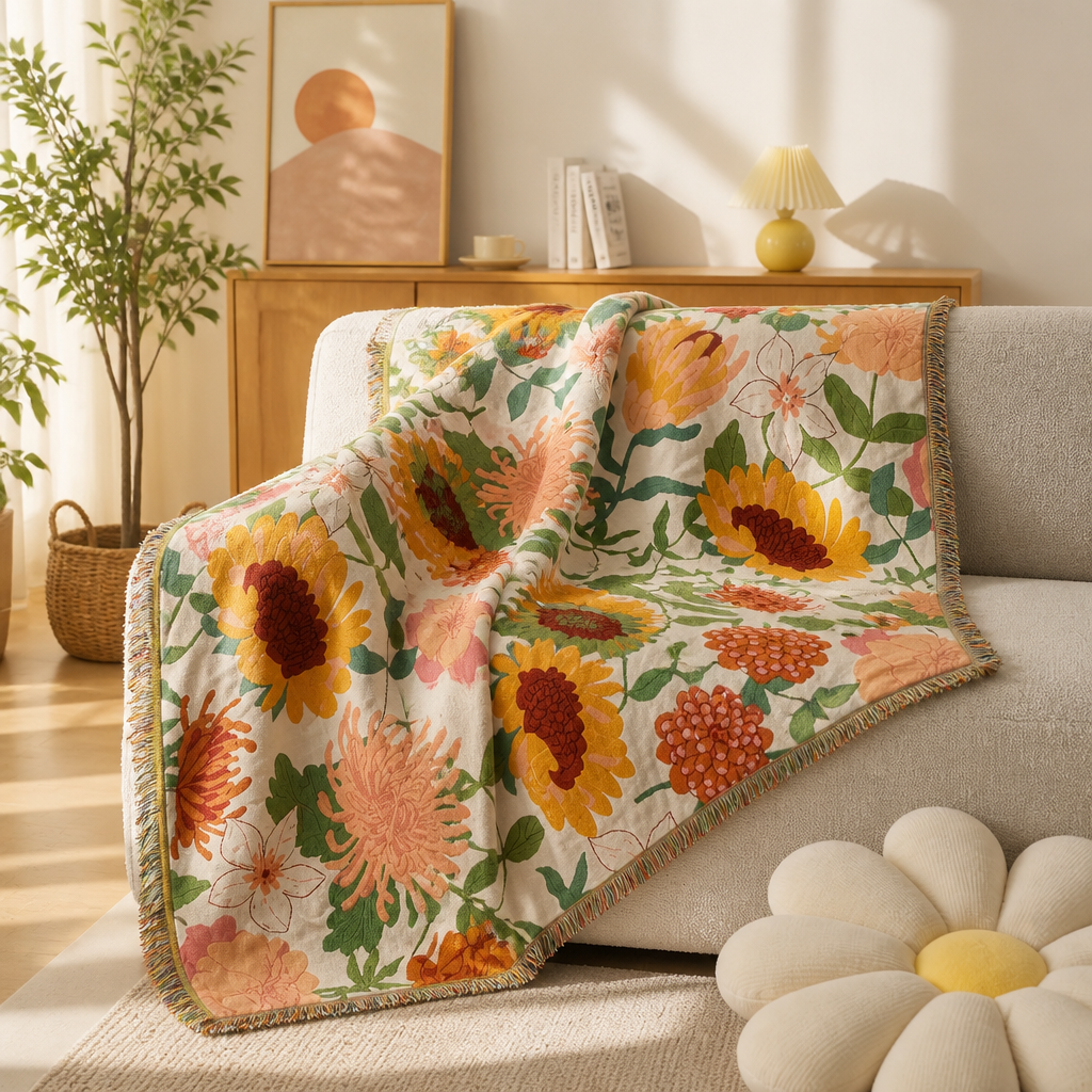 Sunflower floral throw blanket draped across a light sofa