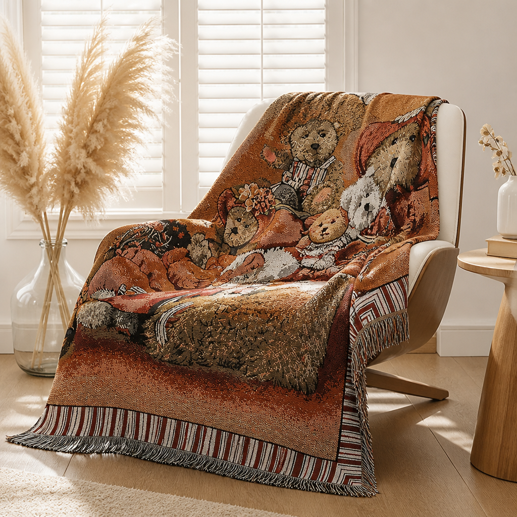 Vintage teddy bear throw blanket styled over a chair