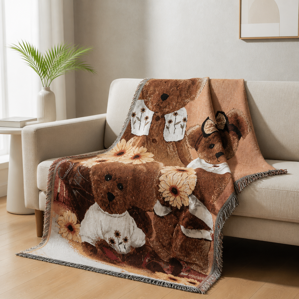 Teddy bear printed throw blanket draped over a sofa