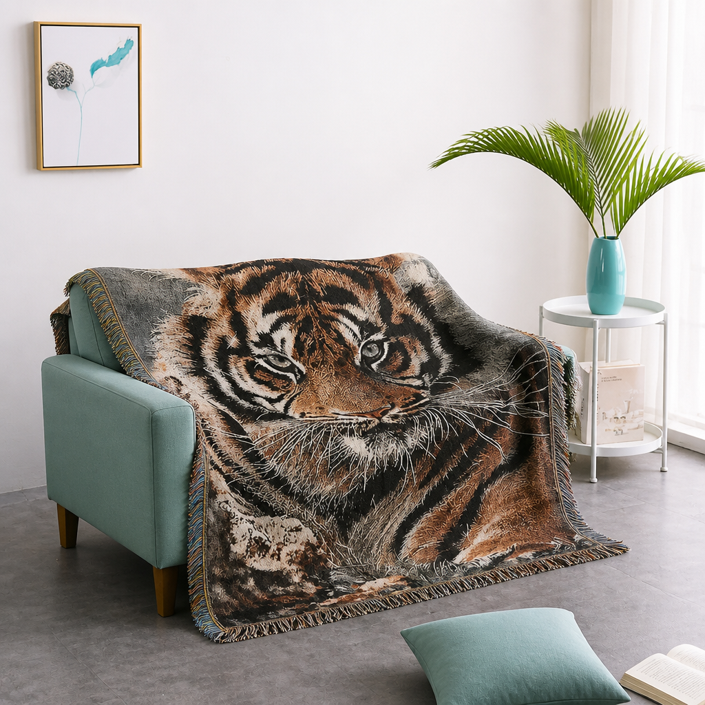 Tiger print woven throw blanket styled over a green sofa