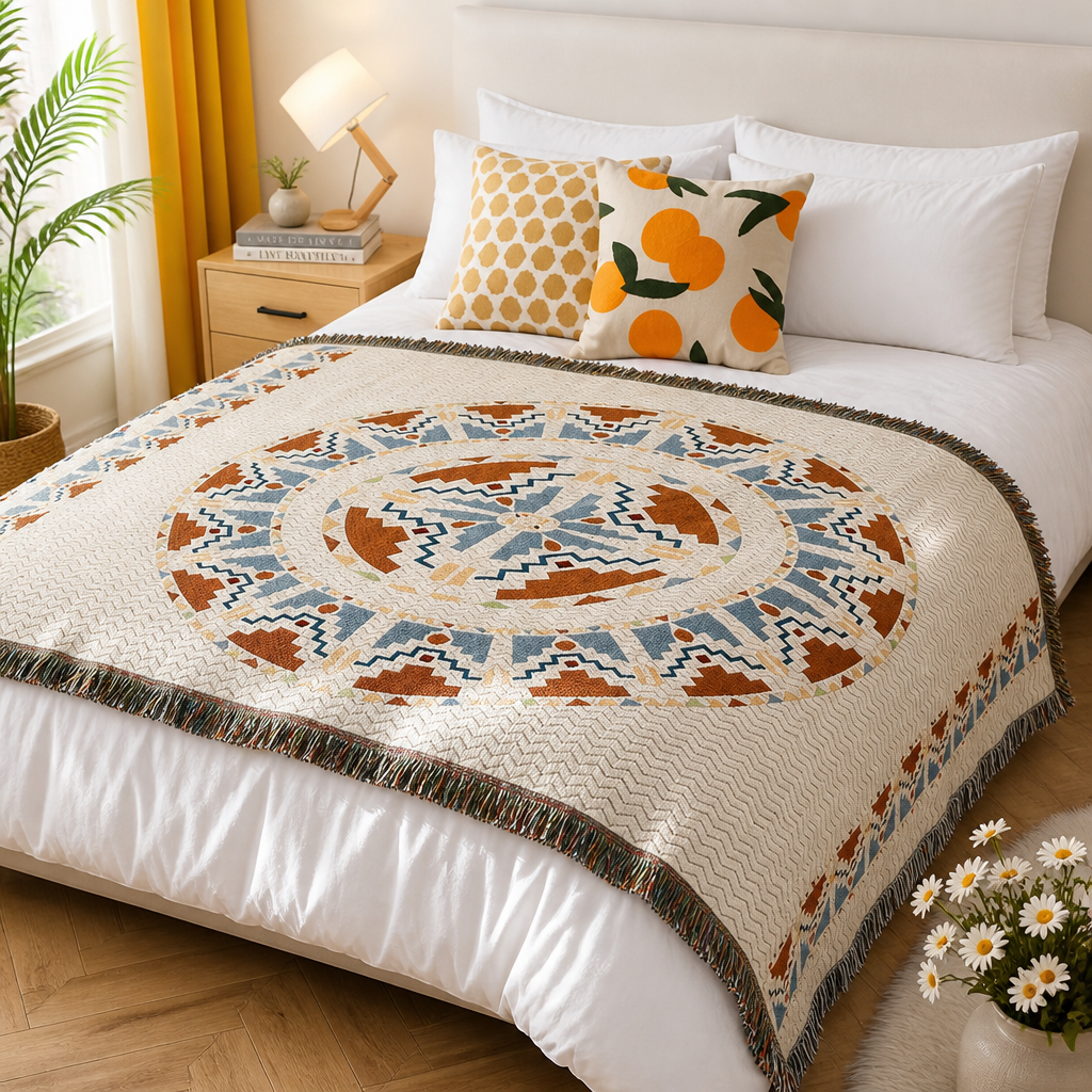 Cream Bohemian geometric throw blanket styled across a white bed