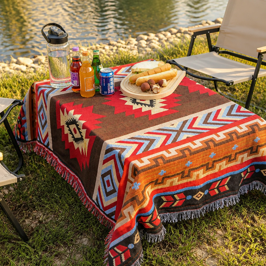 Outdoor geometric woven throw blanket used as a picnic table cover