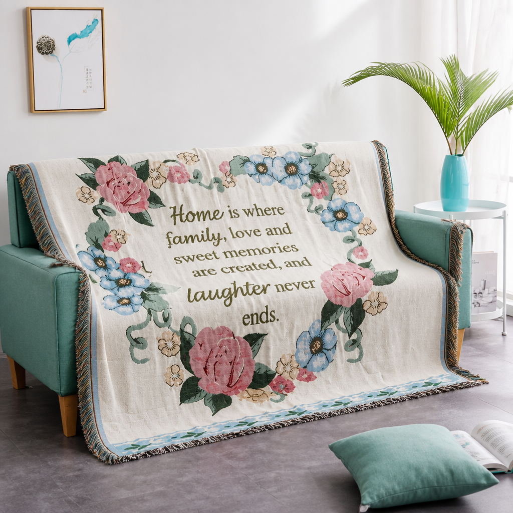 Floral quote throw blanket draped over a green sofa