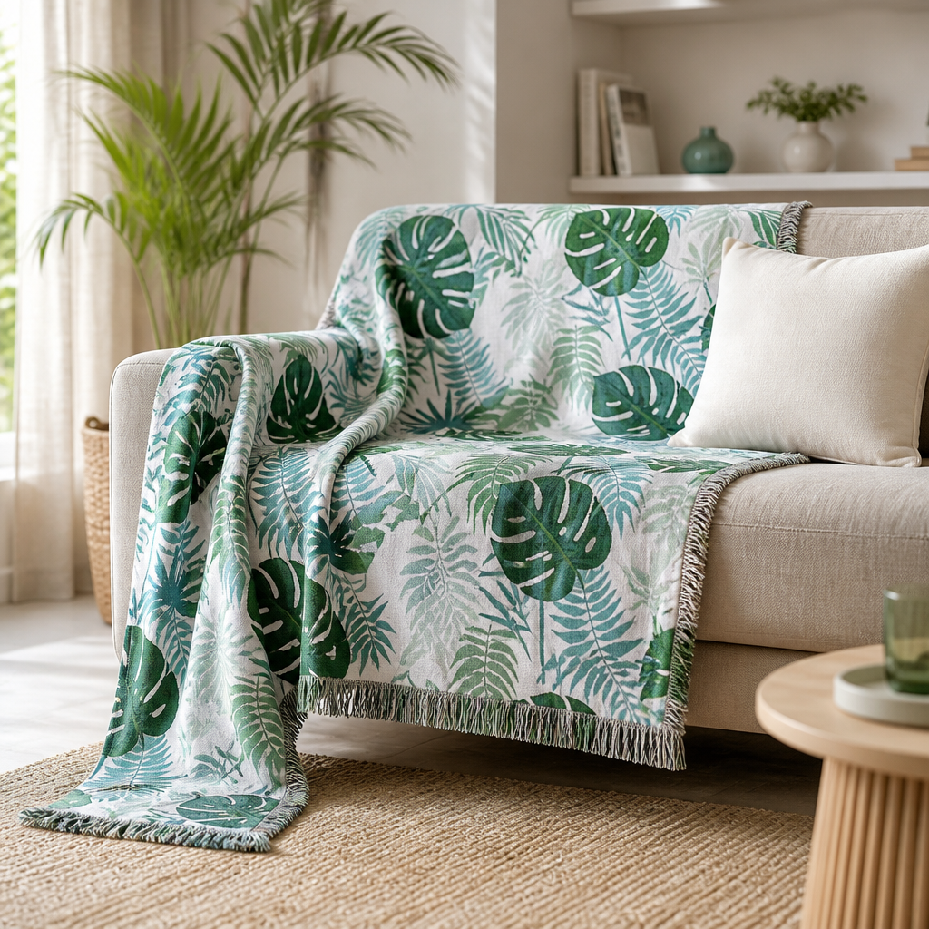 Green leaf pattern throw blanket draped over a sofa