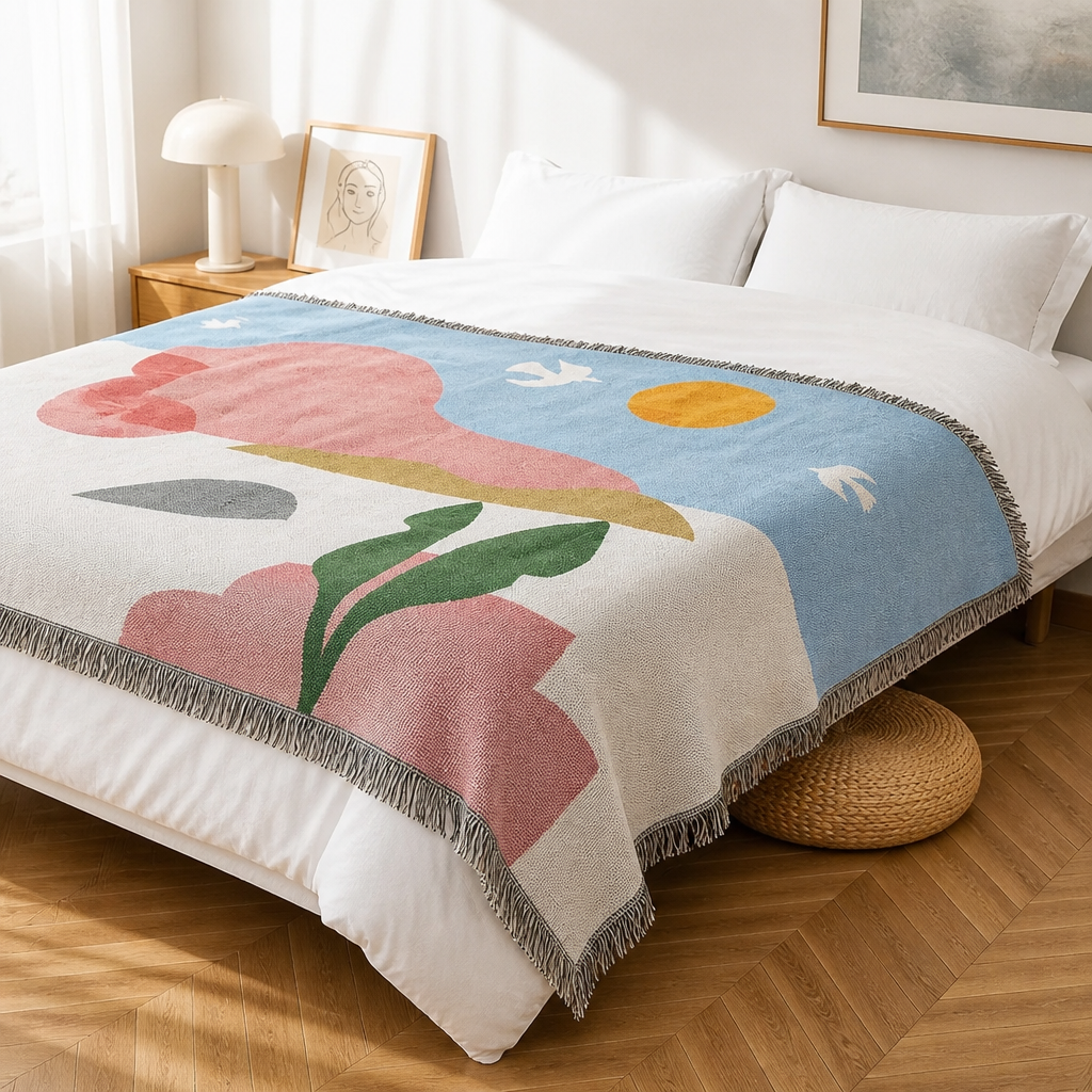 Soft abstract floral throw blanket styled on a white bed