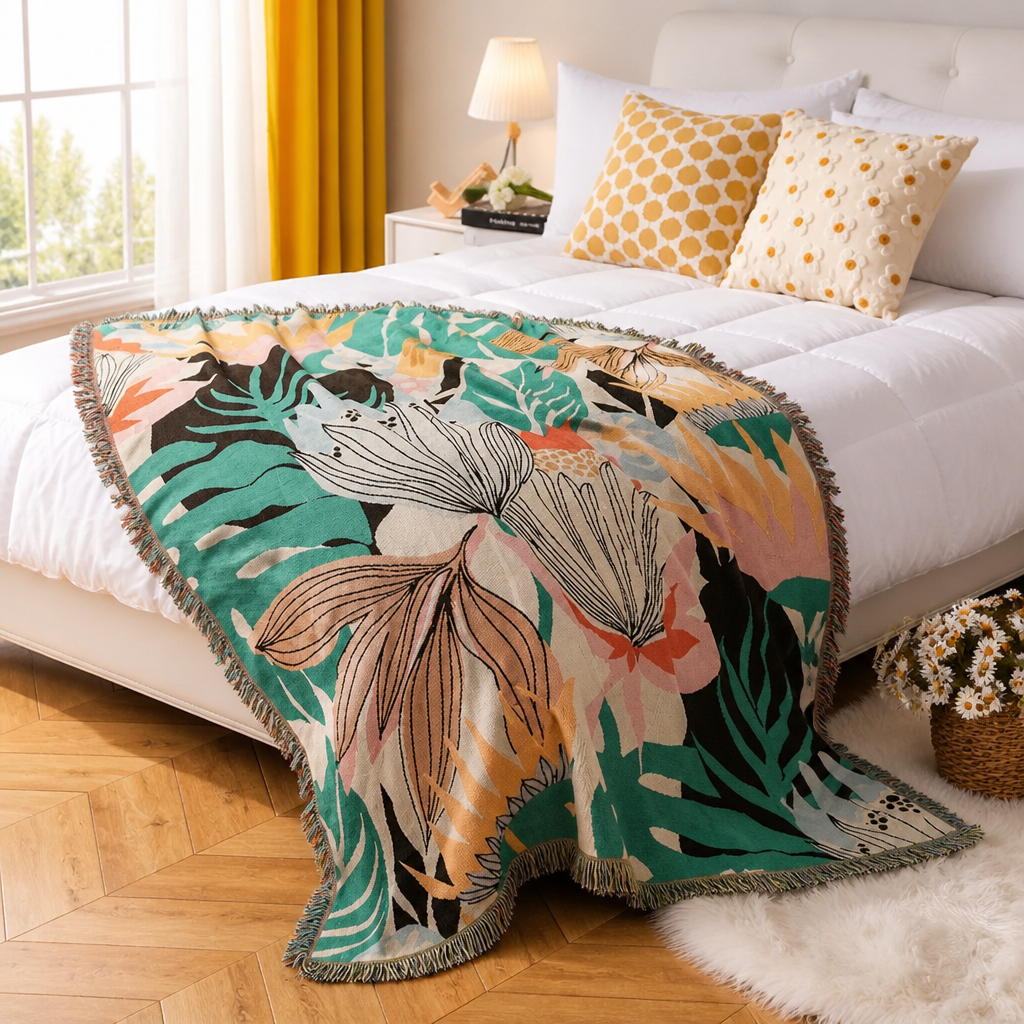 Colourful tropical floral throw blanket with fringed edges on a bed