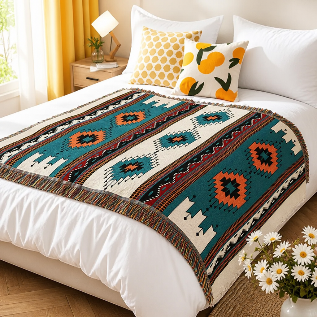 Teal geometric woven throw blanket styled across a bed