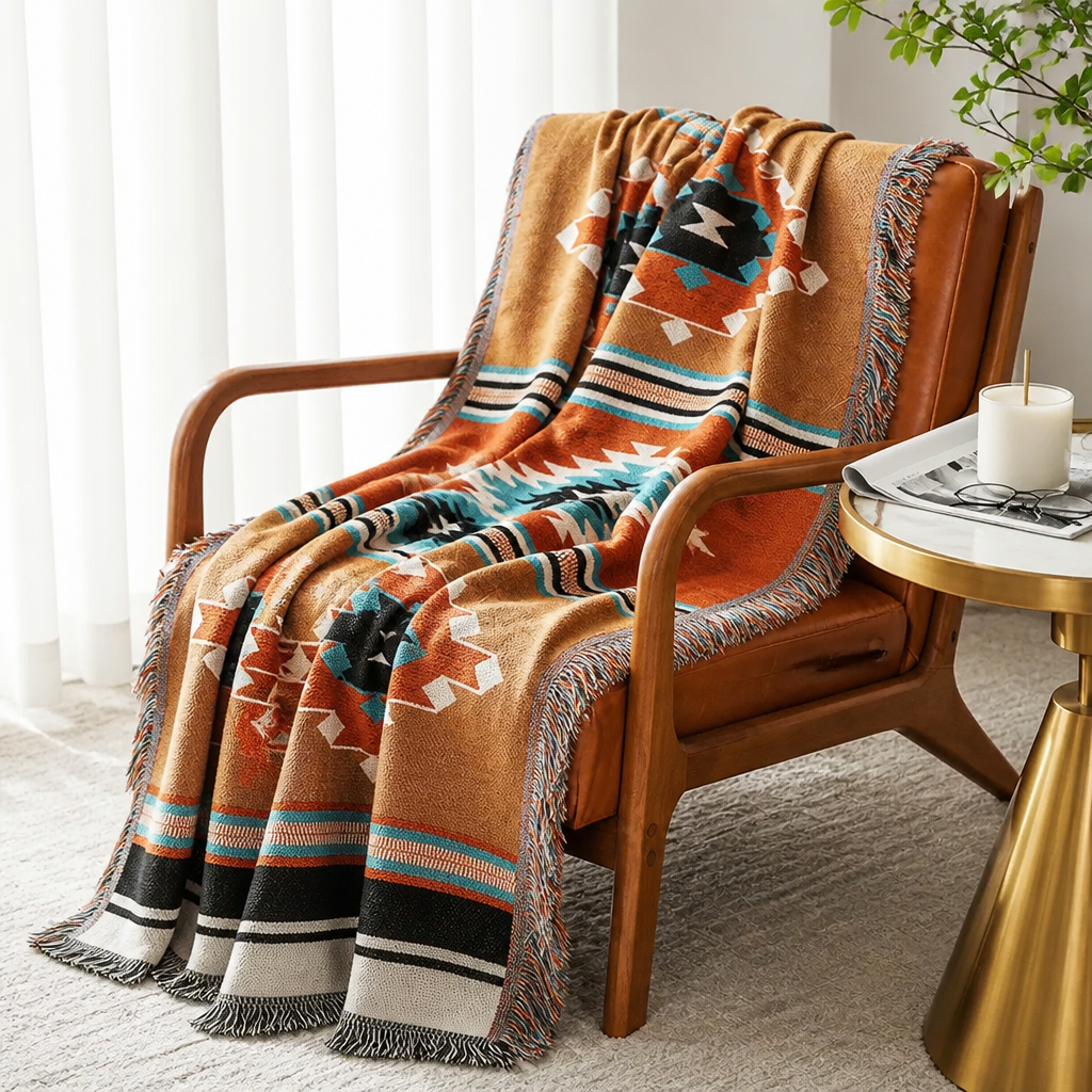 Rust Bohemian geometric throw blanket draped over a wooden chair