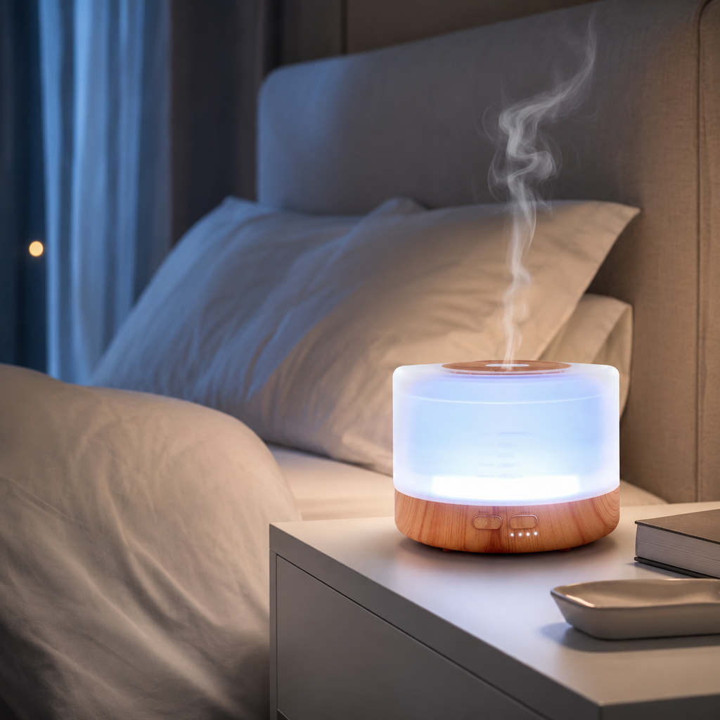 Aromatherapy diffuser emitting steam on a nightstand next to a bed.