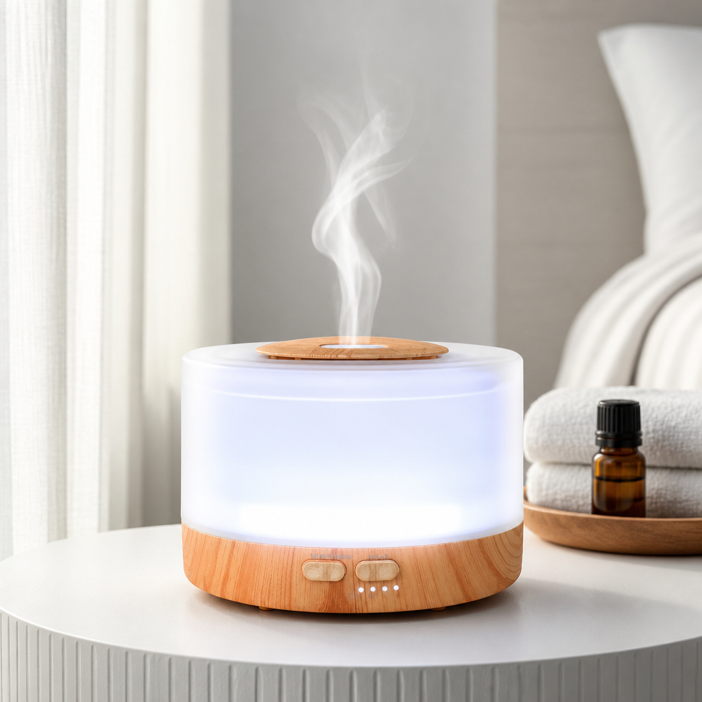 Wooden diffuser emitting steam on a white surface with a blurred background