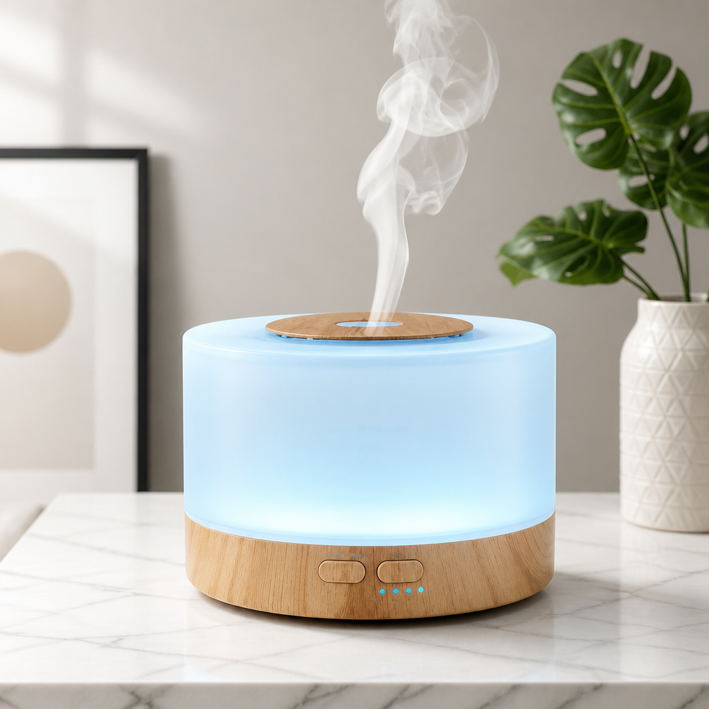 Aromatherapy diffuser emitting steam on a marble surface with a plant in the background