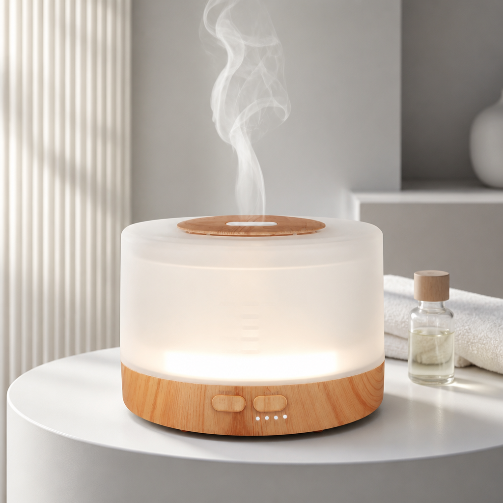 Aromatherapy diffuser emitting steam on a white surface with a bottle and towel in the background.