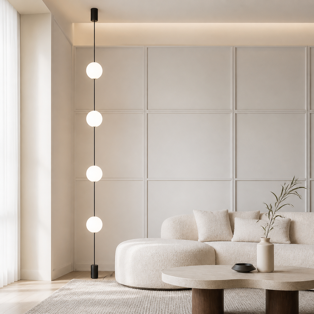 Modern neutral living room featuring a 4-head vertical globe floor light beside a curved sofa