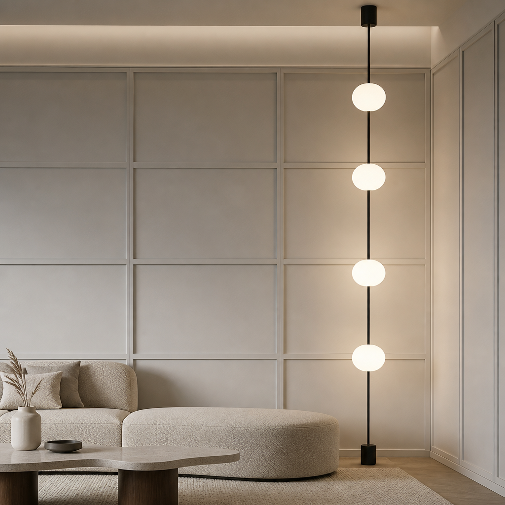 Modern neutral living room featuring a 4-head vertical globe floor light beside a curved sofa