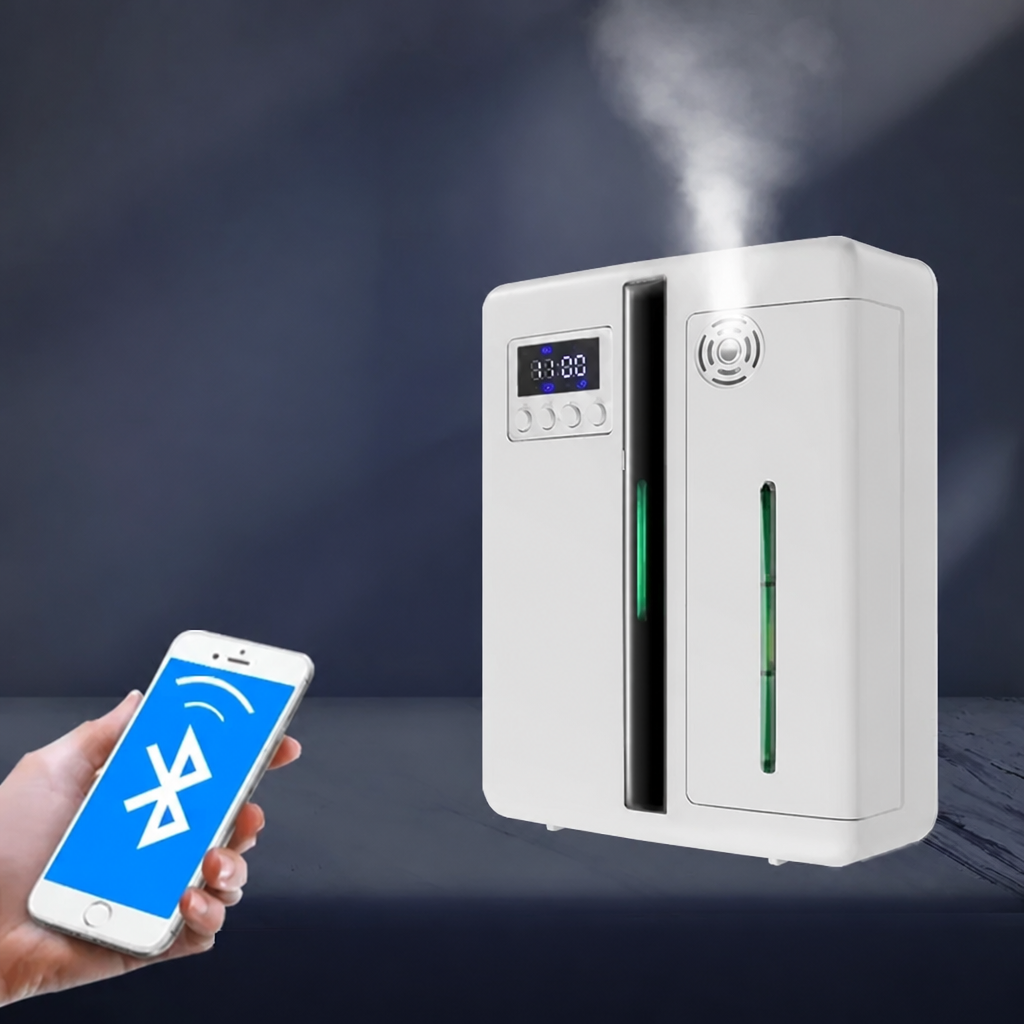 White smart aroma diffuser with Bluetooth phone control and visible mist output