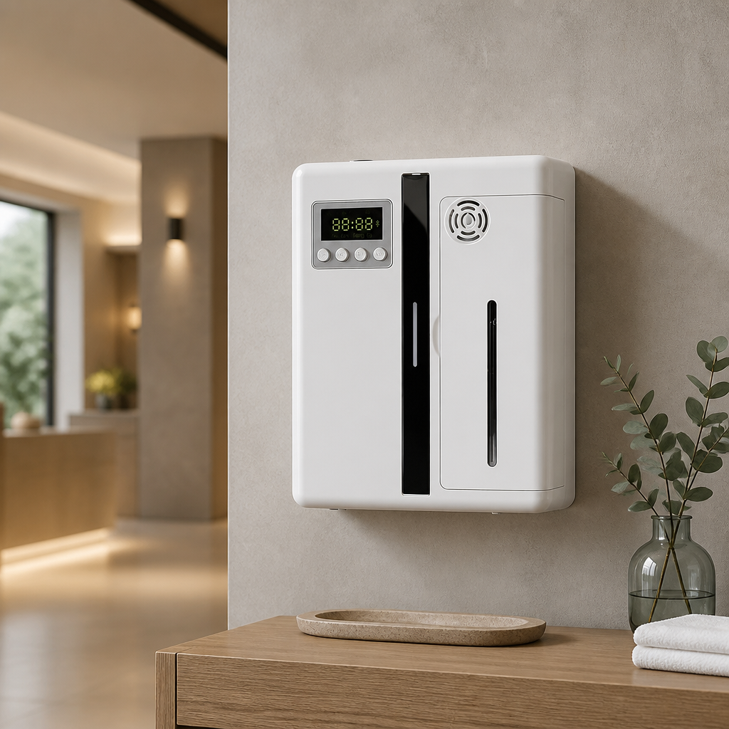 ultrasonic aroma diffuser with Bluetooth connection and 300m³ coverage, wall-mounted white design