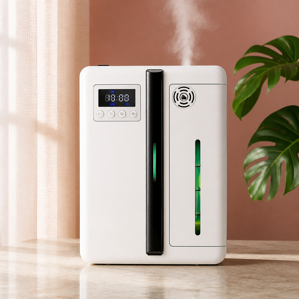 ultrasonic aroma diffuser with Bluetooth connection and 300m³ coverage, wall-mounted white design