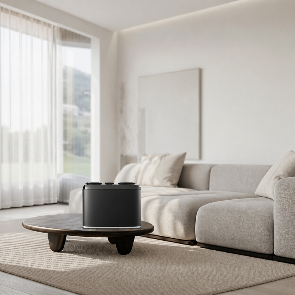 Modern living room with a grey sofa, coffee table, and black diffuser.