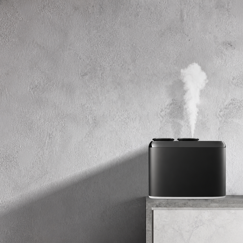 Black humidifier emitting steam on a concrete surface with a grey wall background