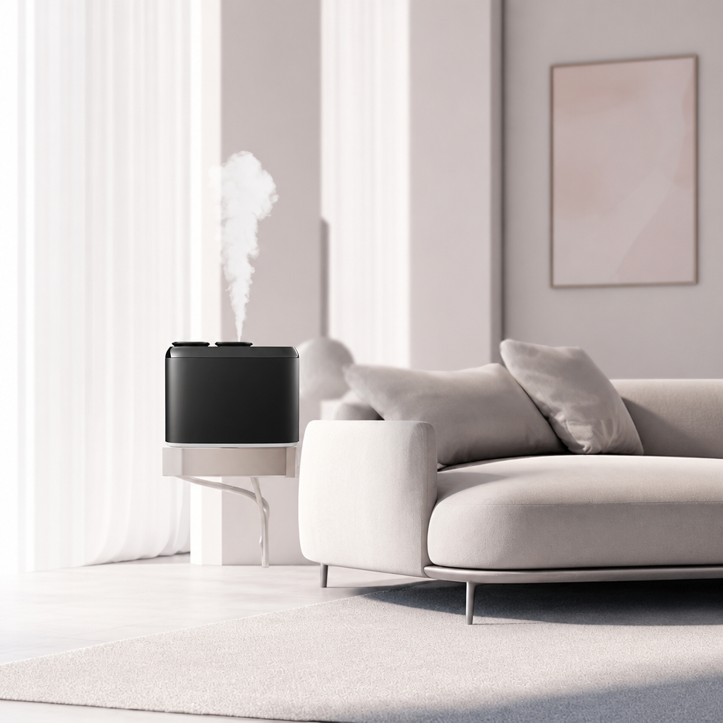 Modern living room with a white sofa, black diffuser, and abstract painting.