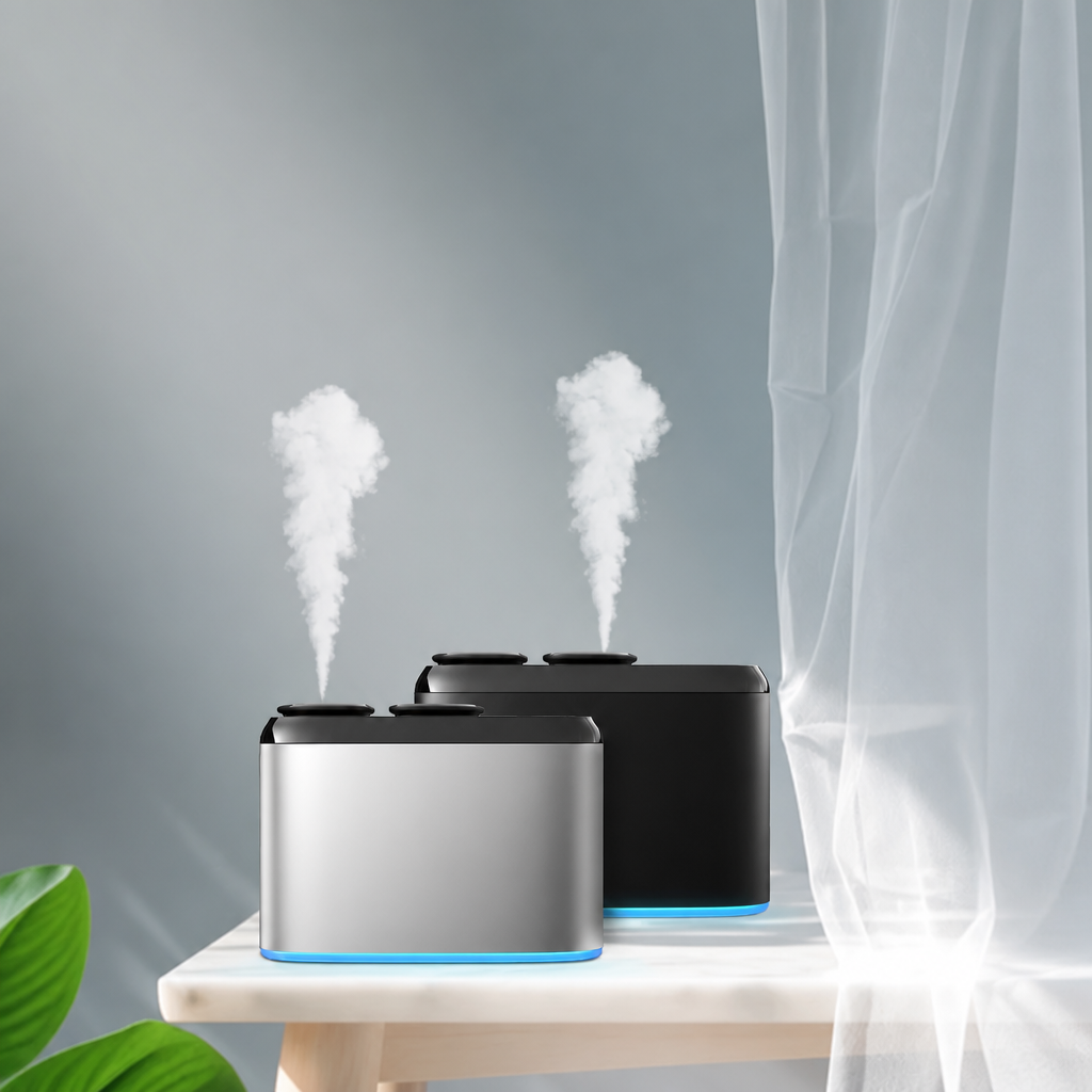 Two humidifiers emitting mist on a gray background with a white curtain and green plant.