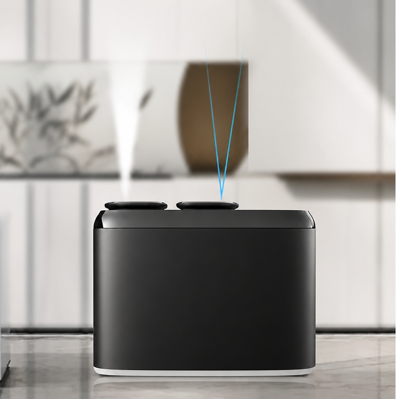 Black humidifier on a wooden surface with a blurred background