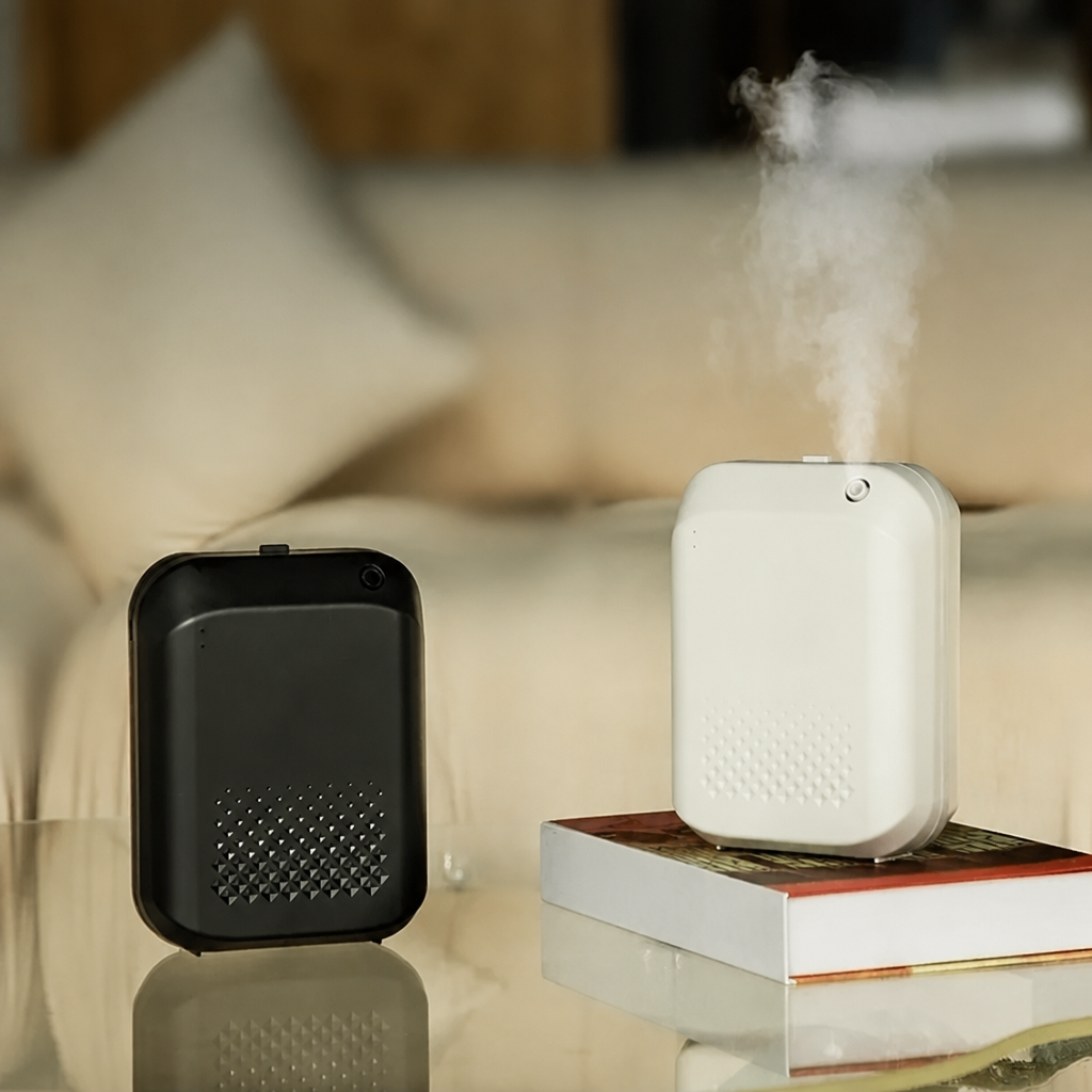 White and black compact PP aroma diffusers side by side