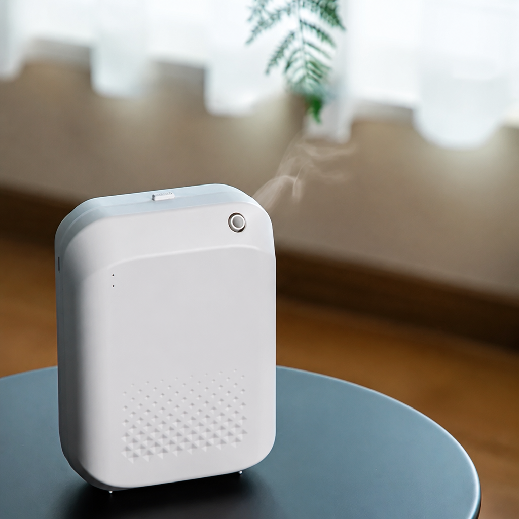 White compact aroma diffuser emitting mist.