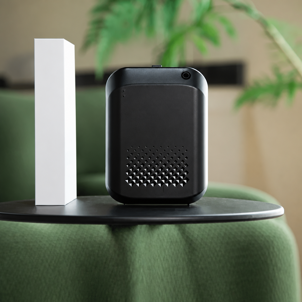 Black aromatherapy diffuser on a green surface with a blurred plant in the background