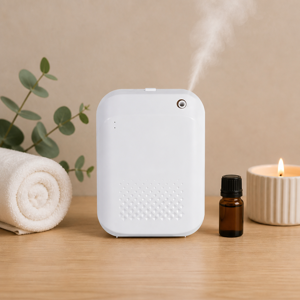 White diffuser emitting mist on a wooden surface with a bottle and candle in the background.