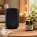 Black diffuser on a wooden table with essential oil bottles and a plant in the background