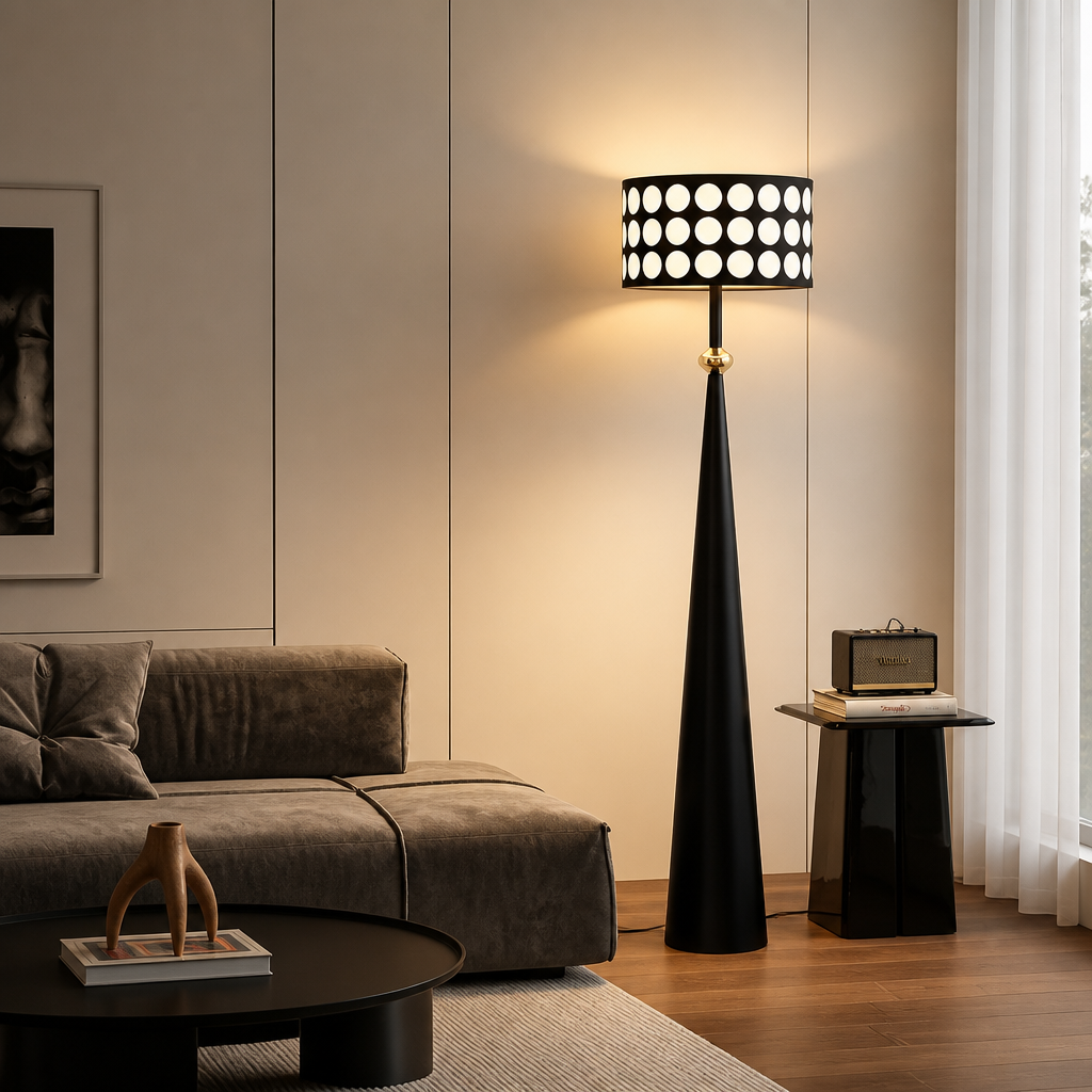 Modern living room with a black floor lamp and grey sofa.