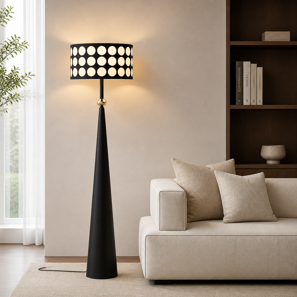 Modern black floor lamp in a living room setting with a beige sofa and bookshelf.